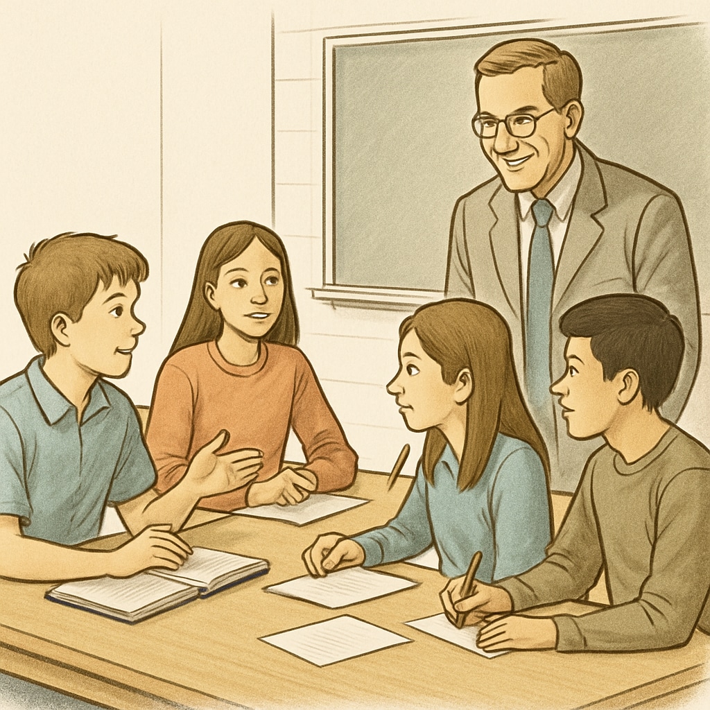 Collaborative classroom discussion with teacher encouraging student participation.