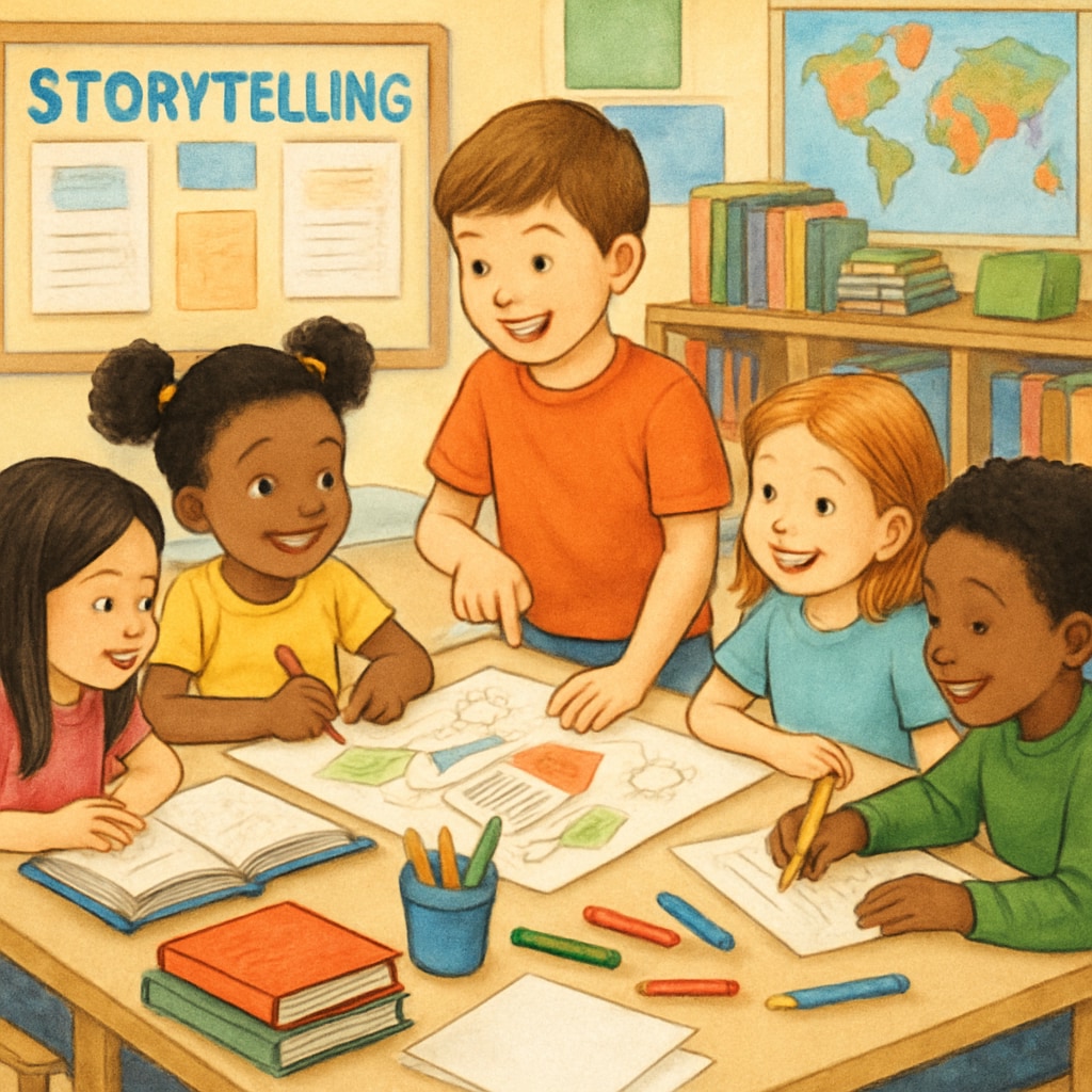 A group of kindergarten and fourth-grade students working together in a classroom on a storytelling project. Kindergarten and fourth-grade students collaborating on a storytelling activity