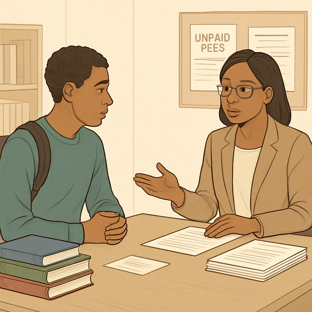 Student discussing transcript access despite unpaid fees.