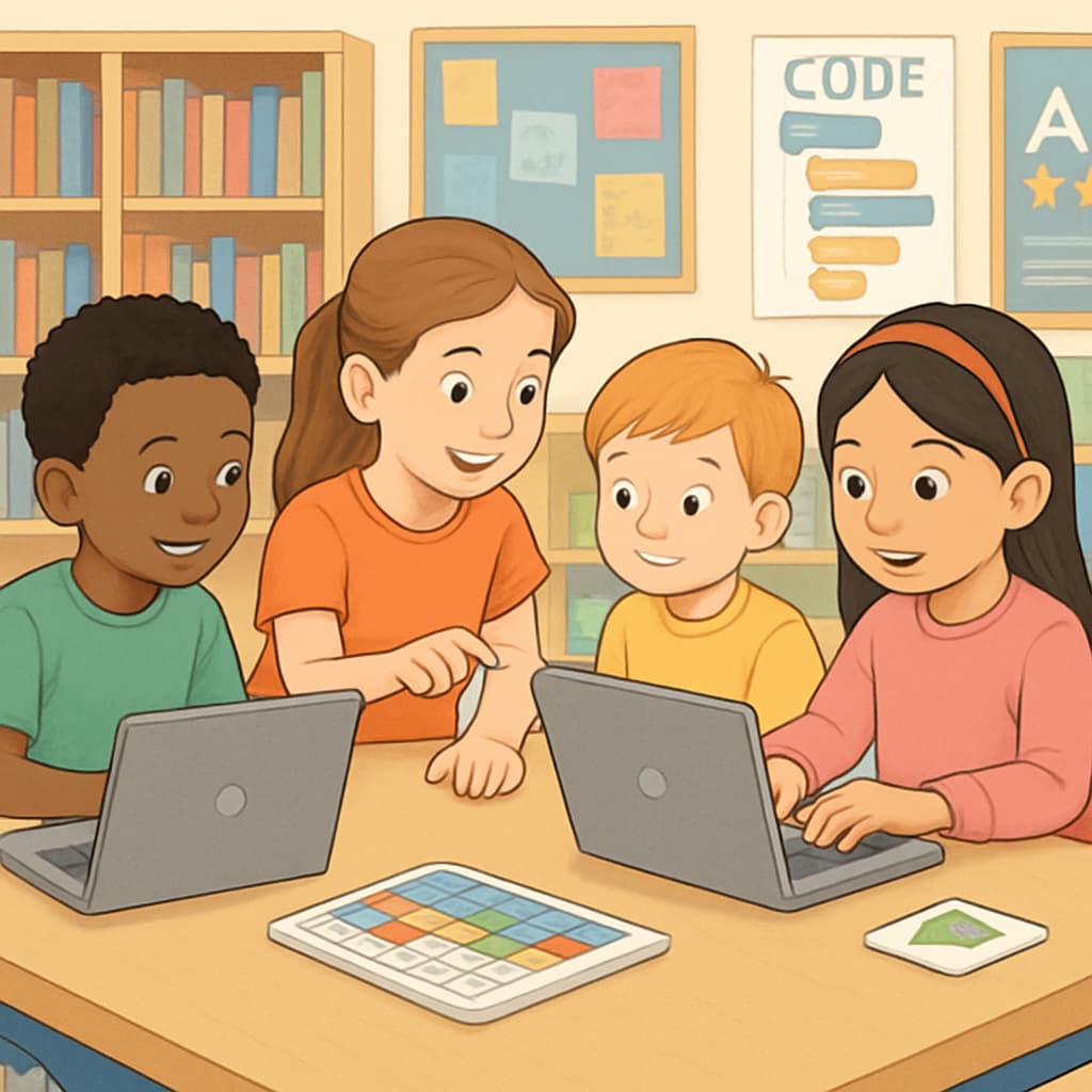 Kindergarten and fourth-grade students collaborating on a computer activity.