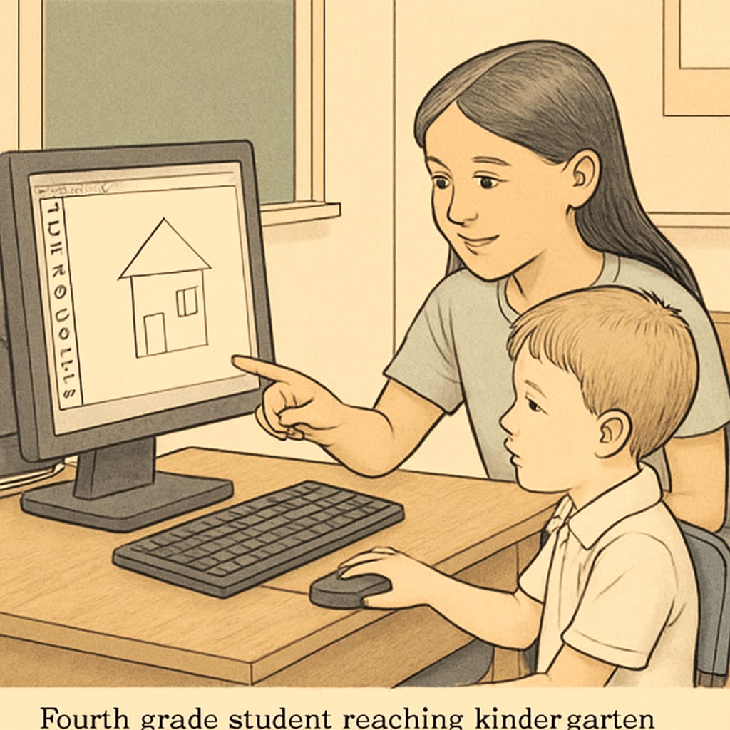 A fourth-grader guiding a kindergartener on how to use drawing software on a computer. Fourth-grader teaching computer skills to a kindergartener
