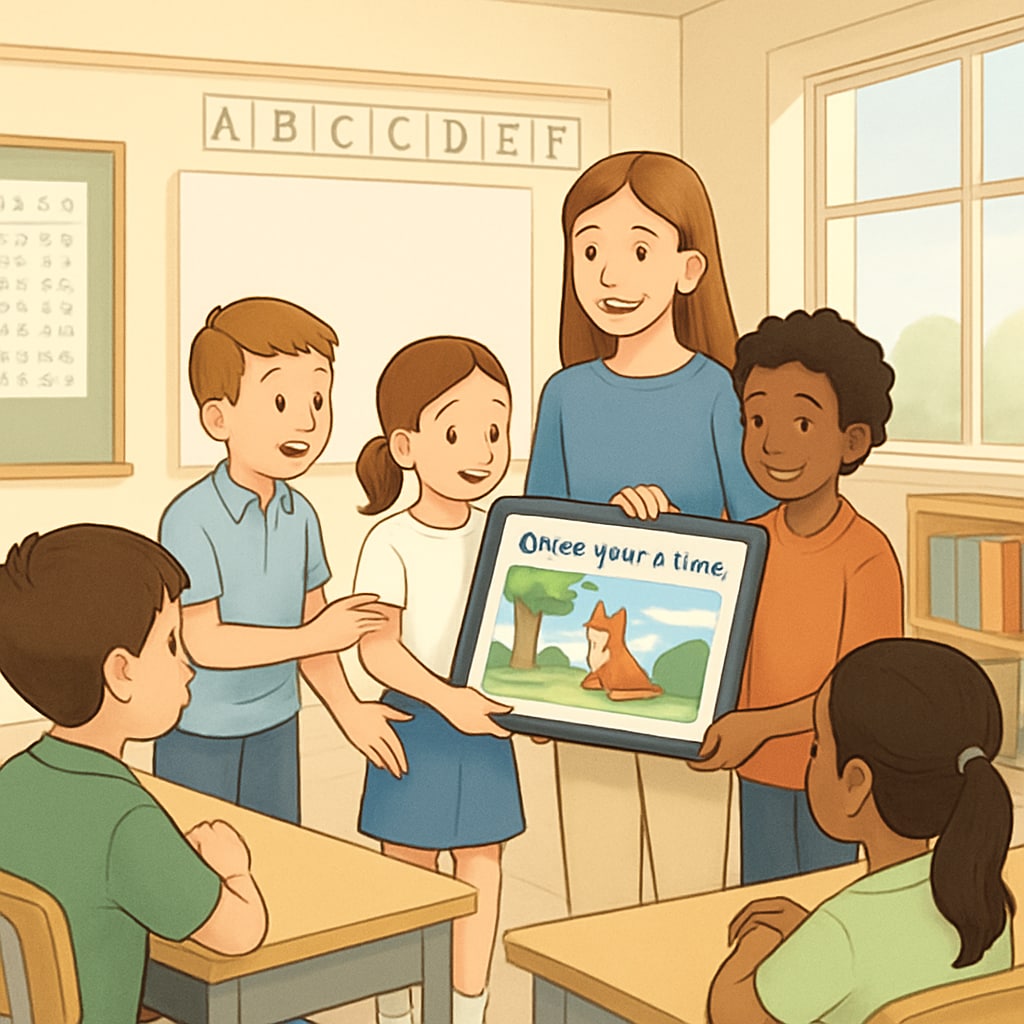 Kindergarten and fourth-grade students presenting a digital storybook project.