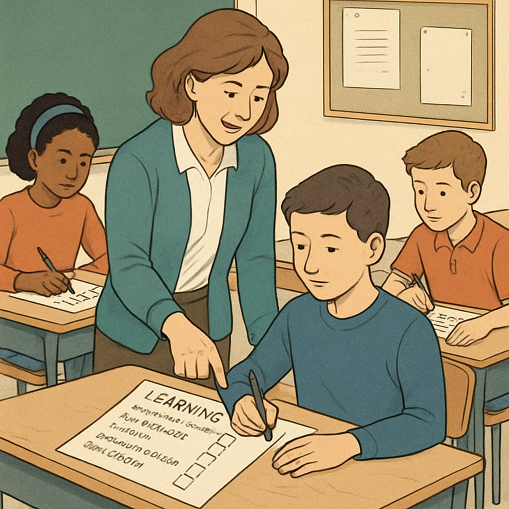 A teacher helping students complete surveys on effective learning methods.