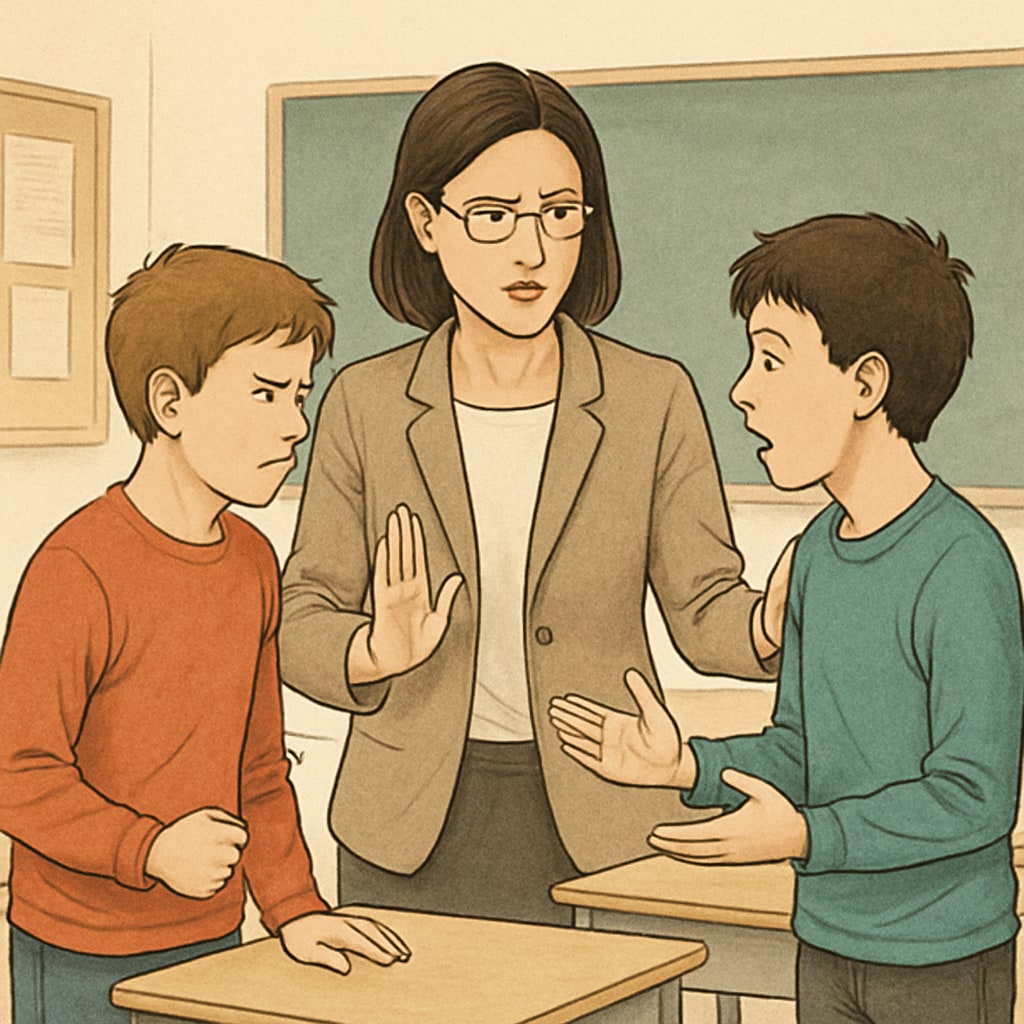 Teacher resolving a bullying conflict in school.