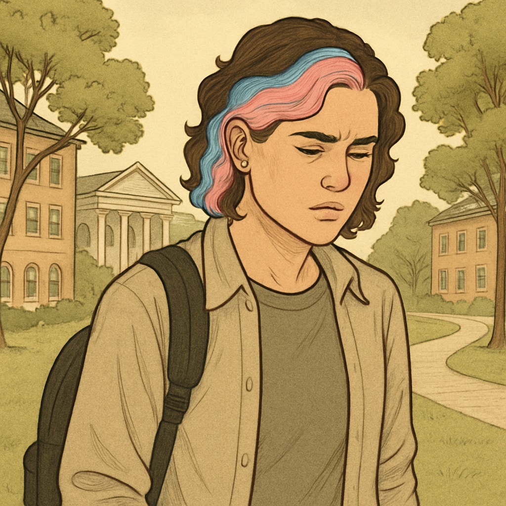 Transgender student walking alone on campus, reflecting on gender policy.