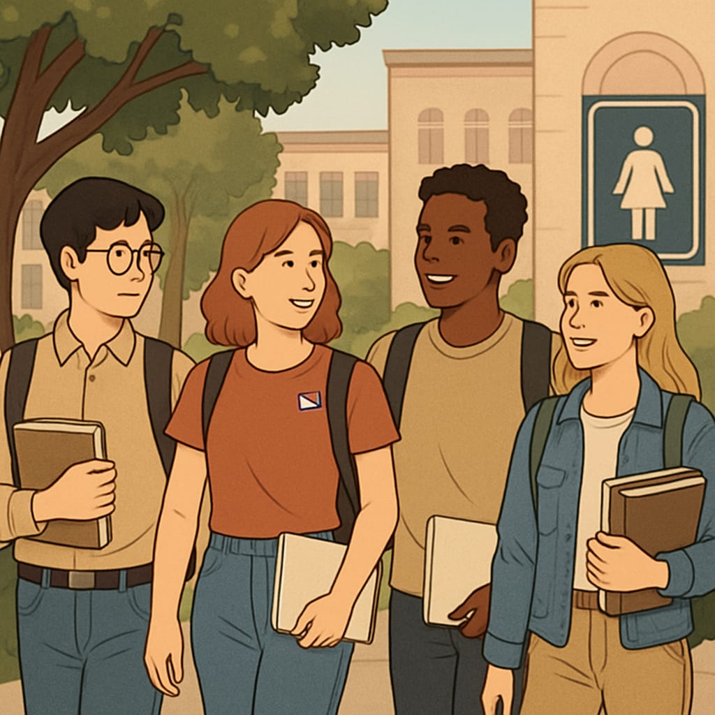 Students on campus near gender-neutral signs, representing inclusivity for transgender students.