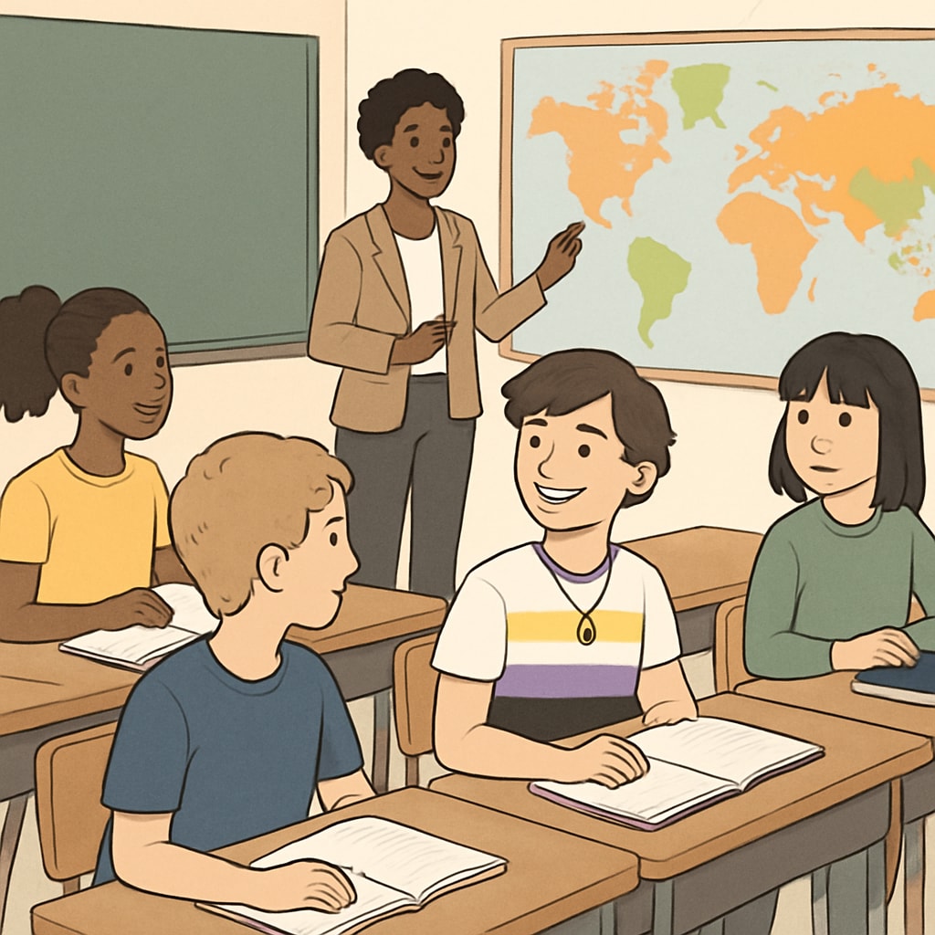 Diverse classroom scene featuring a non-binary student, emphasizing gender inclusivity in education.