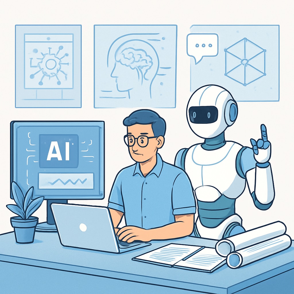 Young engineer working with AI tools and a robot in a futuristic workspace.