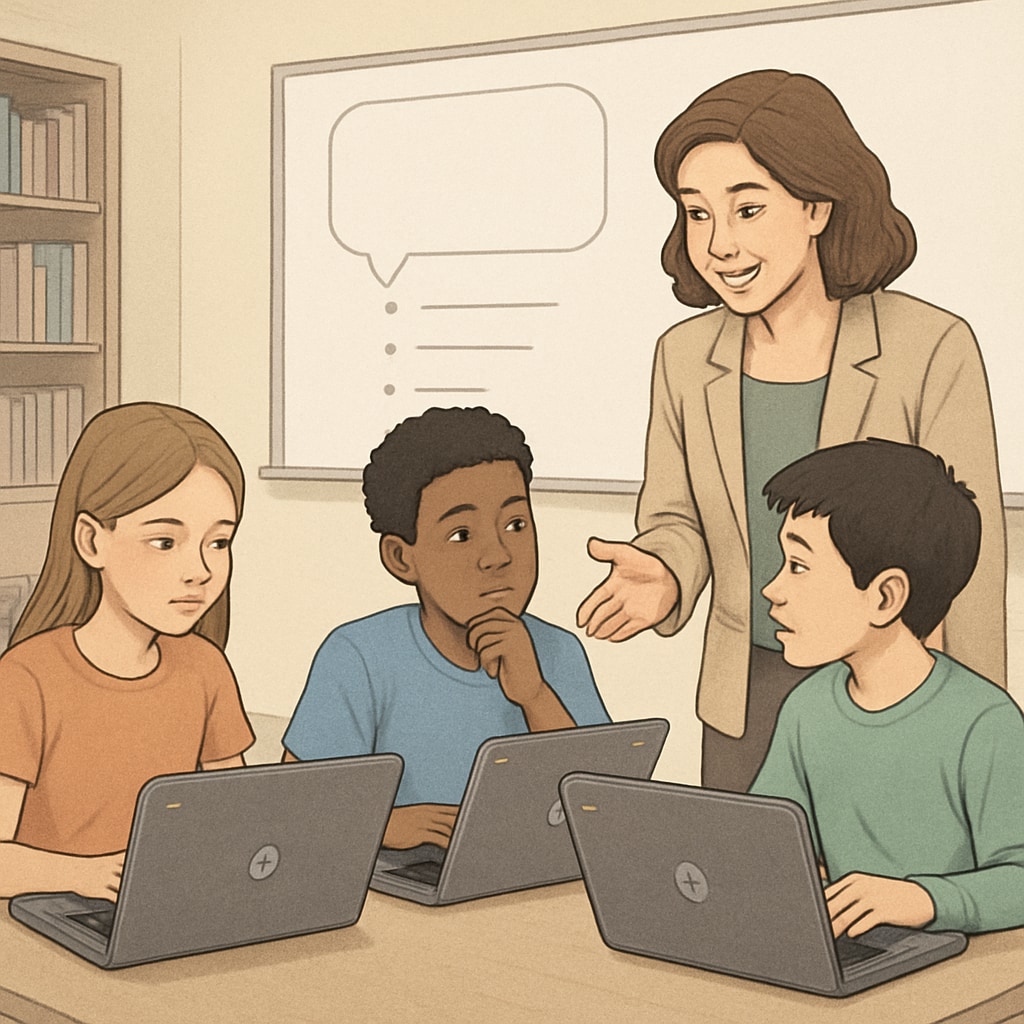 Teacher and students engaging in a critical thinking activity with Chromebooks in the classroom.