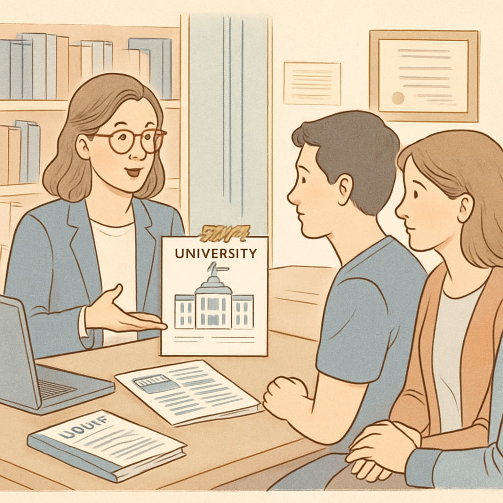 Educational consultant advising a student and parents about U.S. university options.