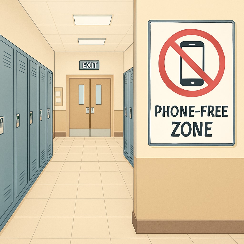 School hallway signage promoting phone-free zones, representing policy enforcement.