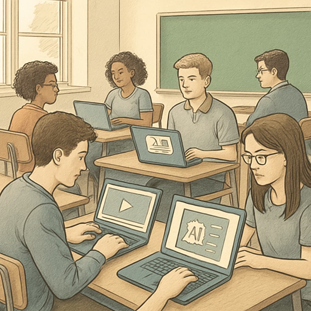 High school students using AI tools to enhance media literacy and critical thinking.