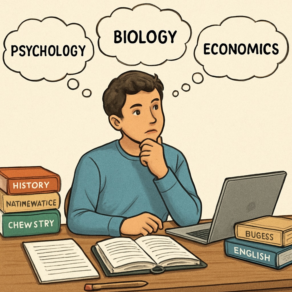 High school student deciding on college major, books and laptop on desk.