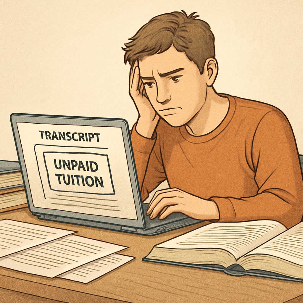 Struggling student trying to access their transcript with an unpaid tuition balance.