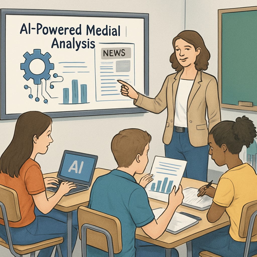 High school students and teacher using AI tools for media literacy learning.
