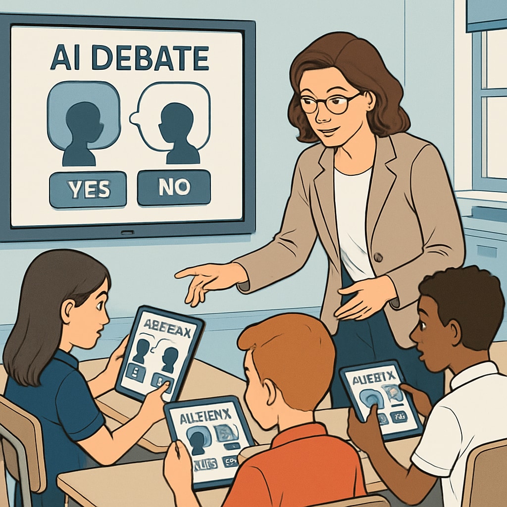 Teacher and students engaging in AI-driven debate activities to foster critical thinking.