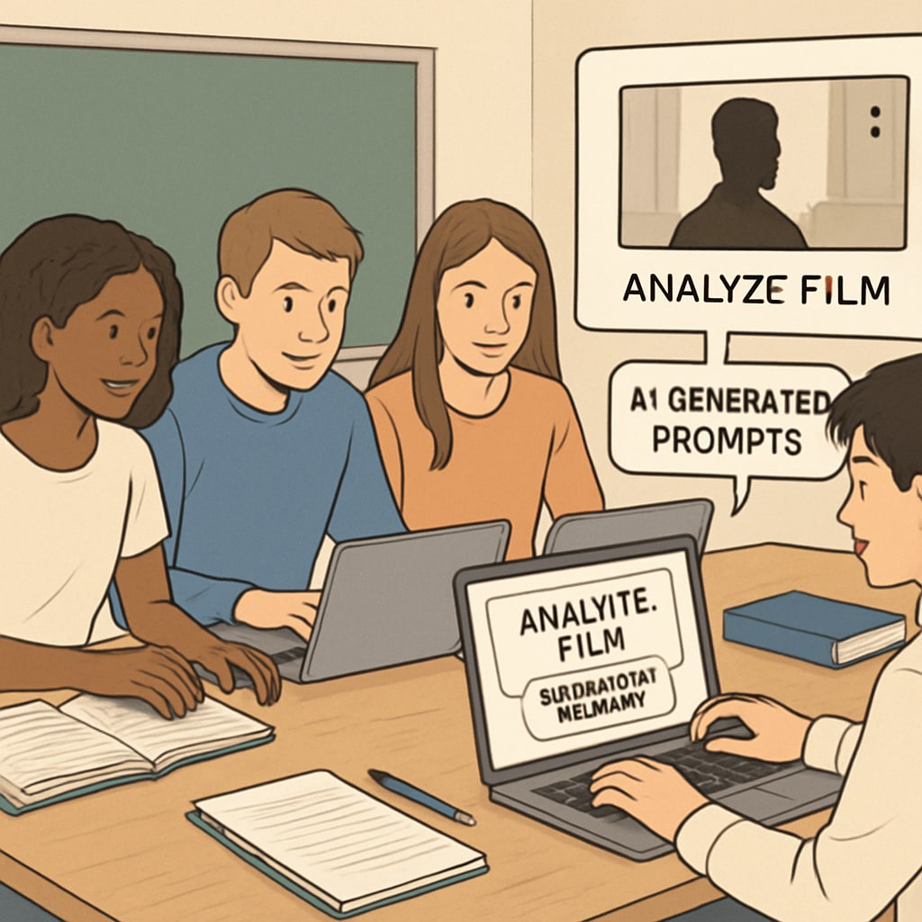 High school students analyzing a film with AI writing prompts in class.