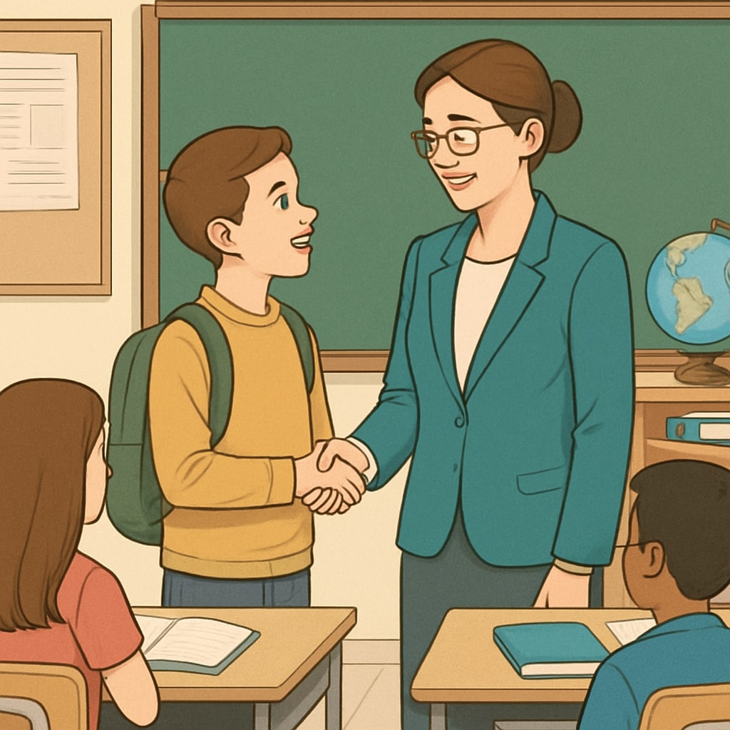 A student thanking their teacher in a classroom setting to illustrate students’ gratitude and teacher influence.