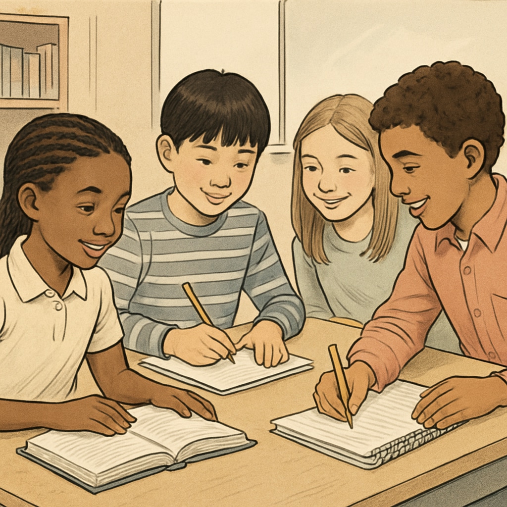 Group of K12 students using effective study methods from a research project survey.