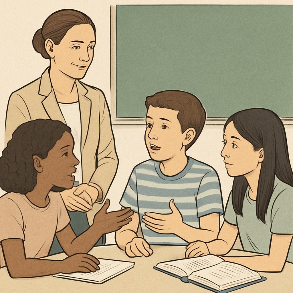 A teacher listening to students during a discussion, showcasing respect for students' perspectives.