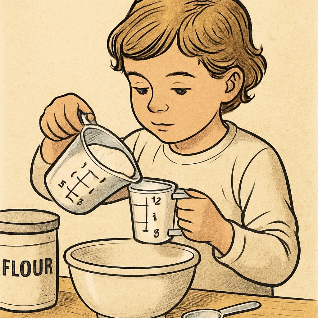A child using a measuring cup while baking, illustrating math in daily life. A child measuring ingredients, showing real-life math applications.