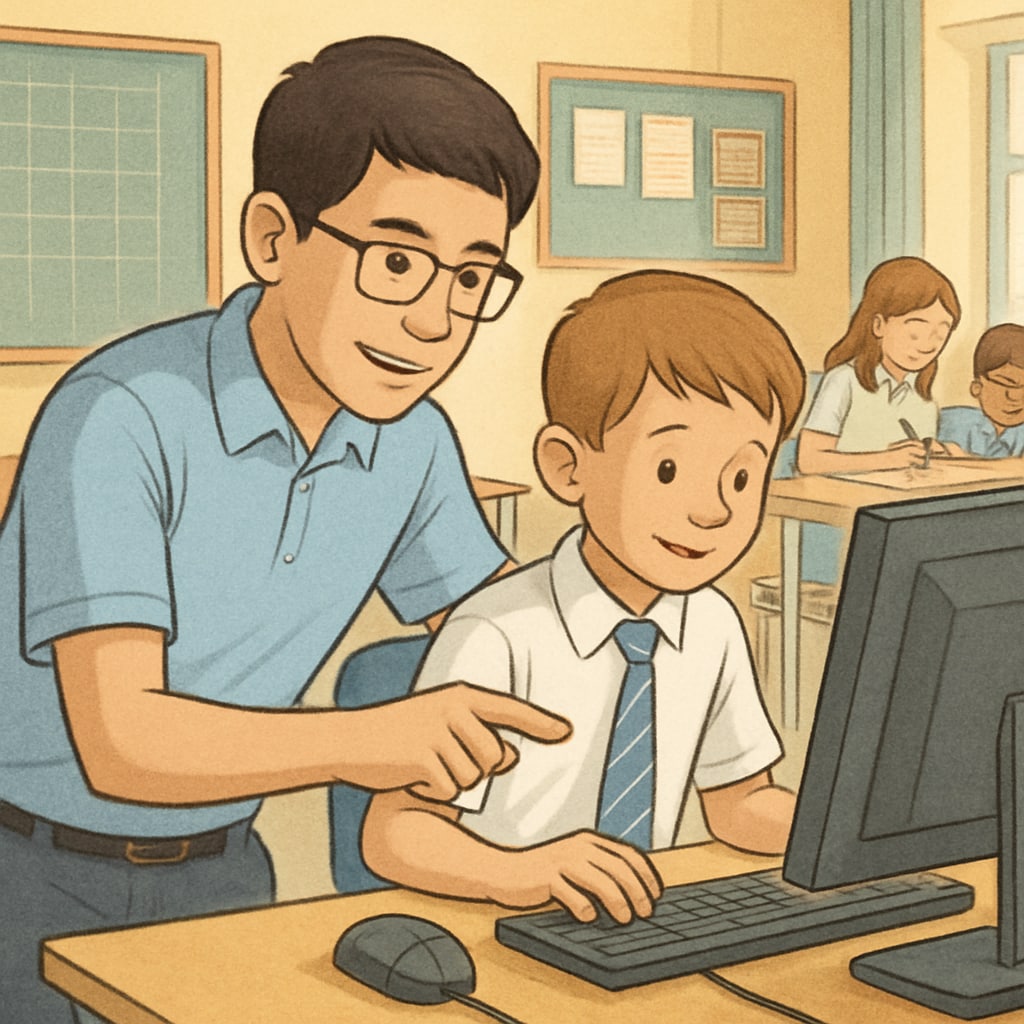 Older student teaching a kindergarten child computer skills during a cross-grade activity.