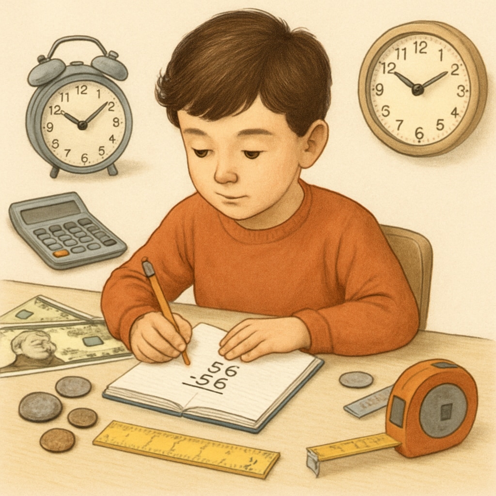 Child solving math problems with real-world tools showing math education in everyday life.