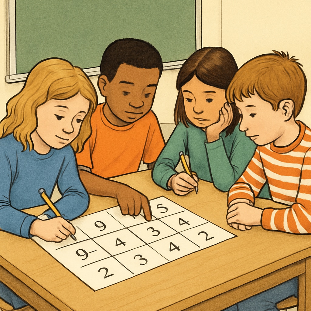 A group of children solving a math puzzle together, promoting collaborative learning. Children working on a math puzzle to demonstrate playful engagement.