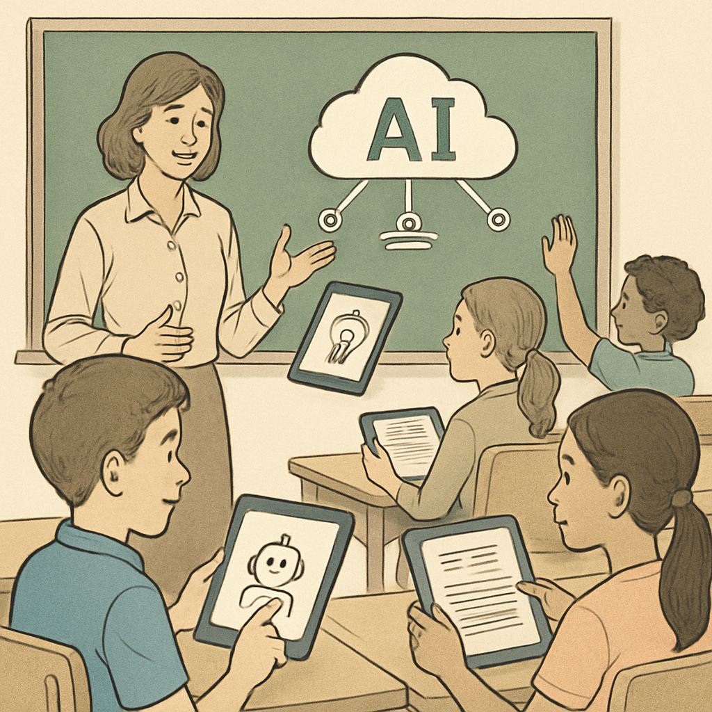A teacher and students using AI devices in the classroom to enhance learning experiences.