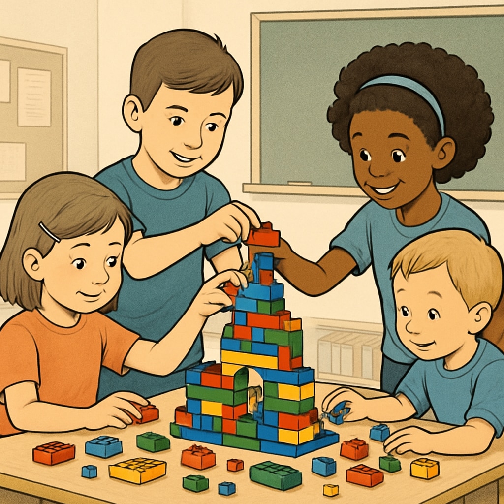 Kindergarten and fourth-grade students collaborating on a LEGO project during a shared educational activity.