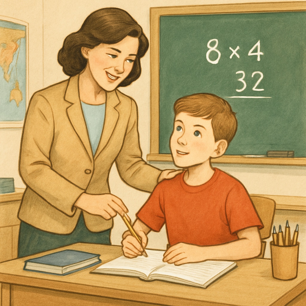 Teacher assisting a student in solving math problems, promoting positive communication in math education.