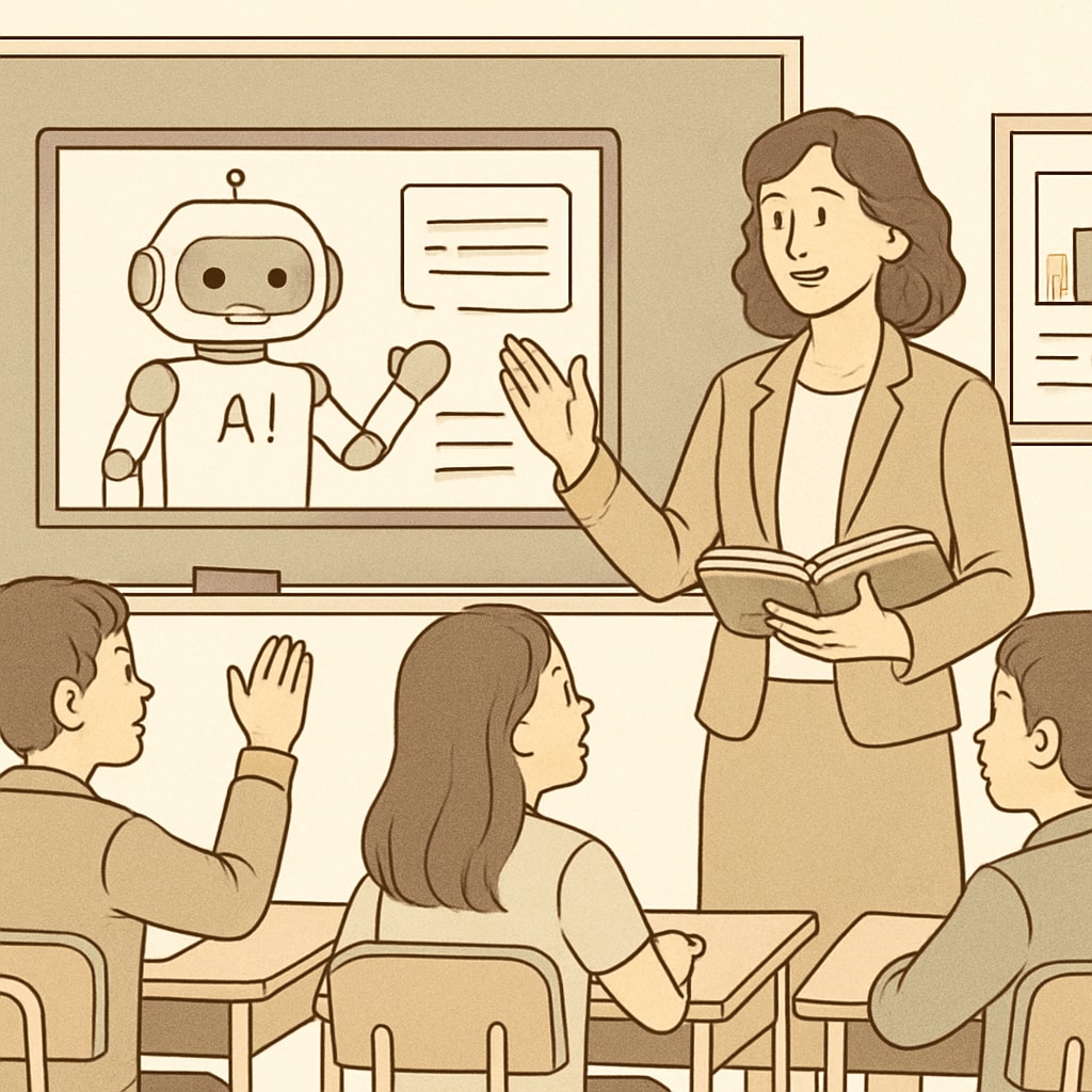 A teacher mentoring students while using AI tools, highlighting the value of human interaction.