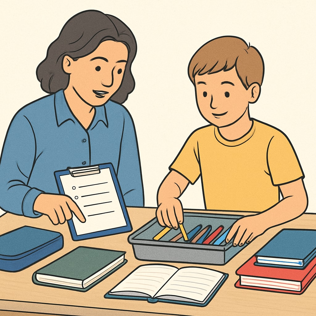 A parent working with their child on a structured activity to improve executive function skills, such as organizing school supplies. Parent and child working on executive function skills for ADHD and special education.