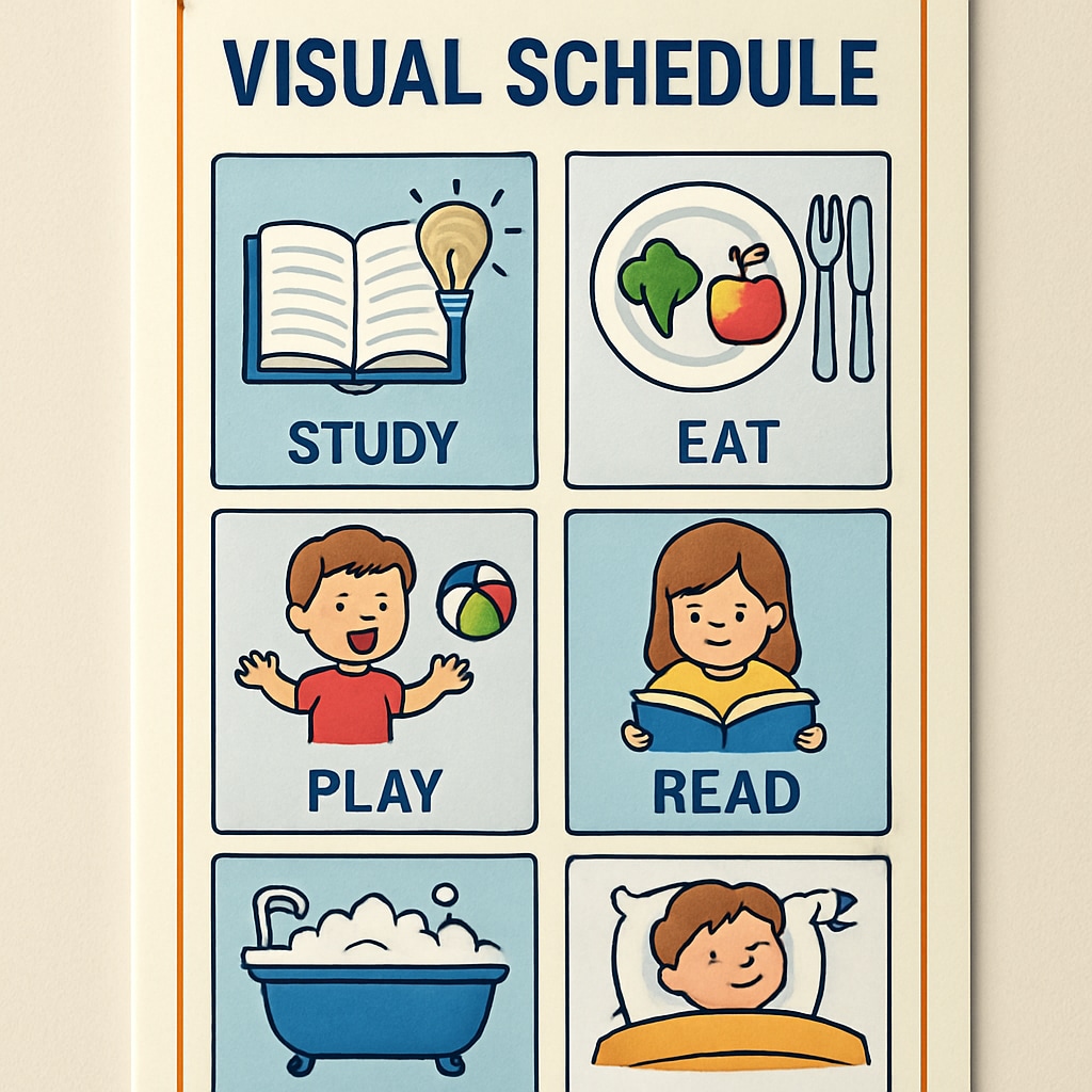 A visual schedule with colorful icons representing daily tasks for children with special needs.