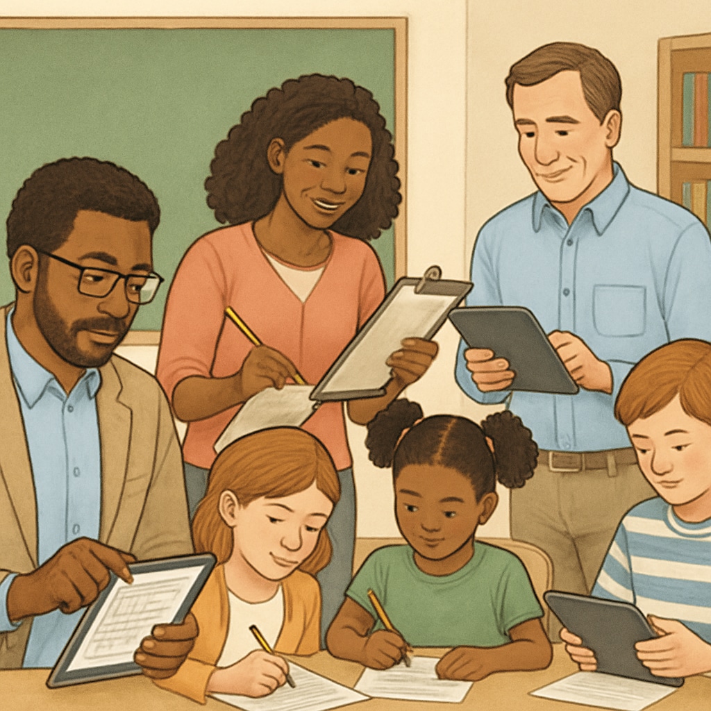 Teachers, parents, and students completing surveys to contribute to education research.