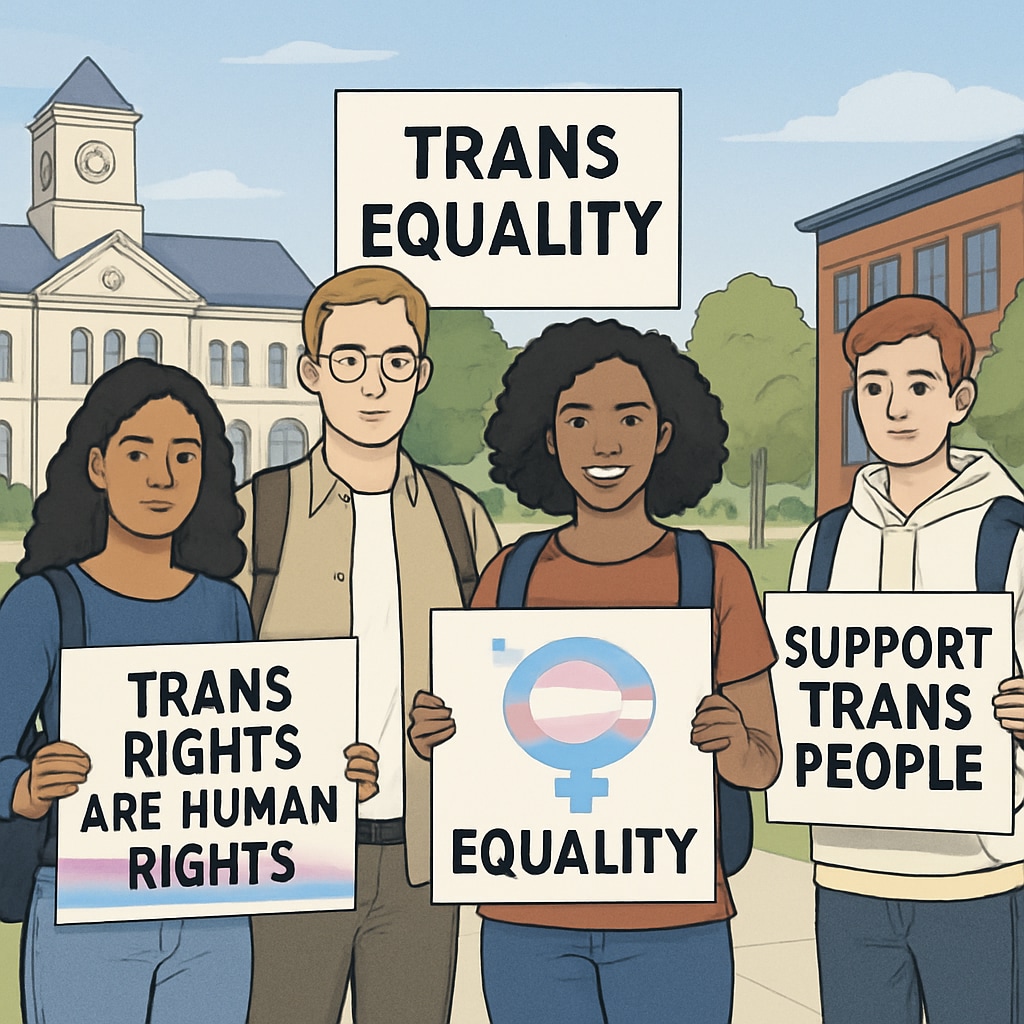A group of students protesting gender policy changes at a university campus, holding signs advocating for transgender rights. Students protesting Brown University's gender policy changes affecting transgender students.