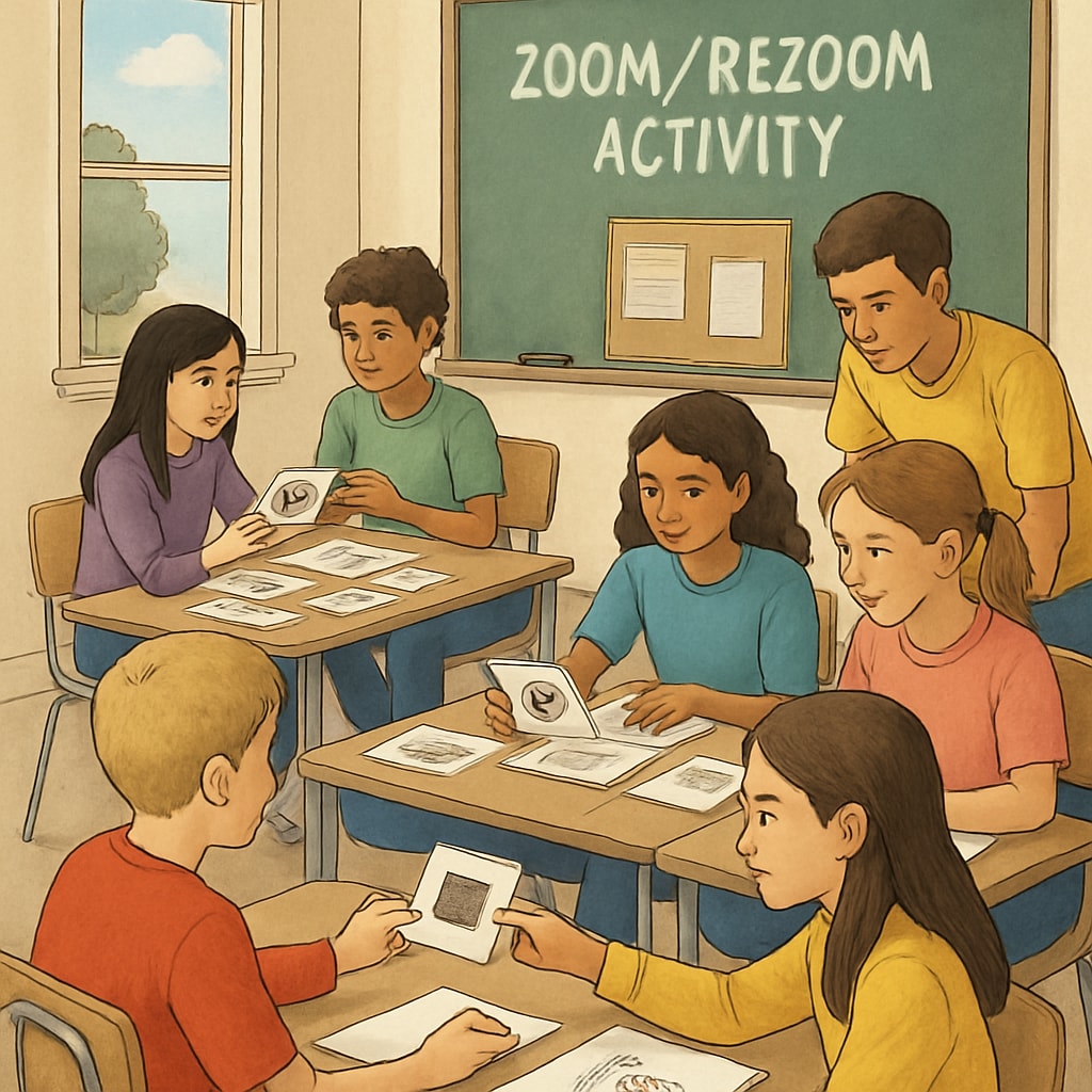 Students working on Zoom/ReZoom activity materials in a classroom setting.