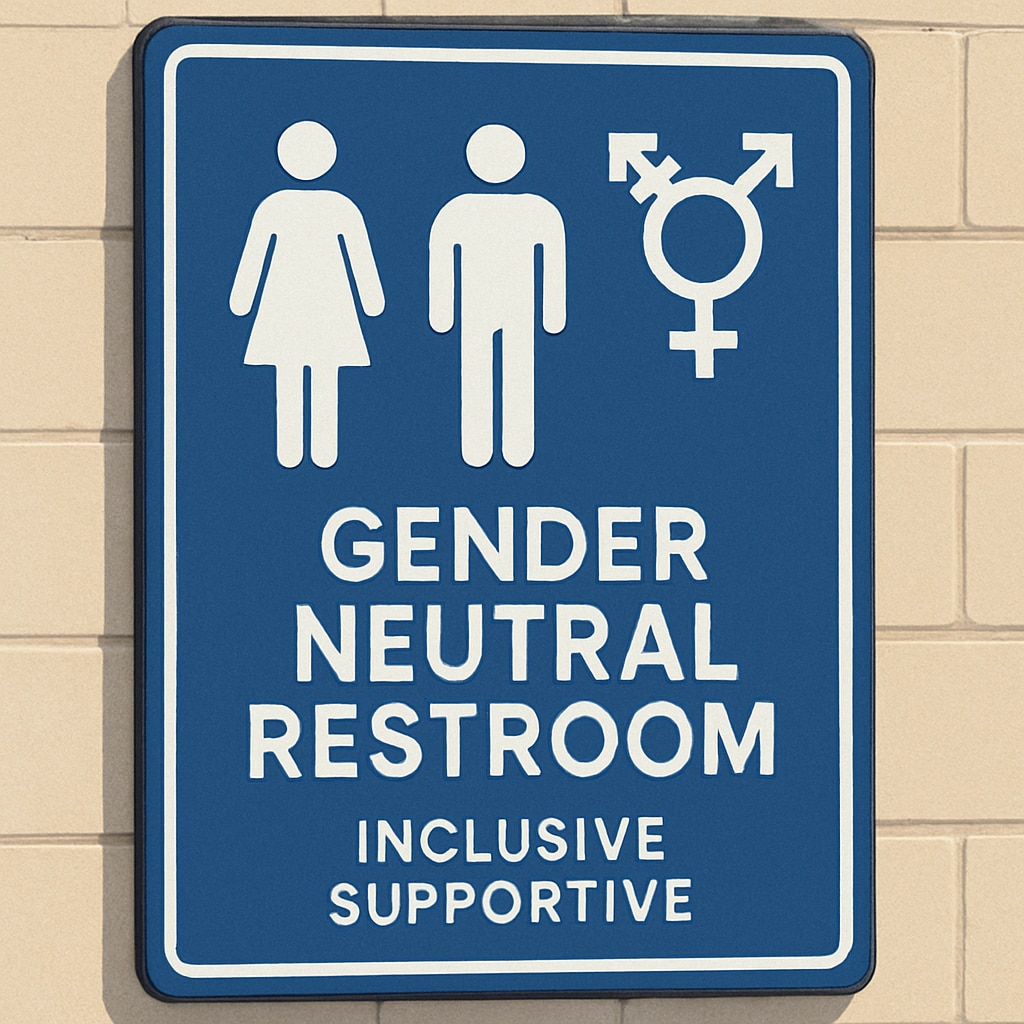 A gender-neutral restroom sign on a university campus, symbolizing inclusivity and transgender support. Gender-neutral restroom sign at Brown University.