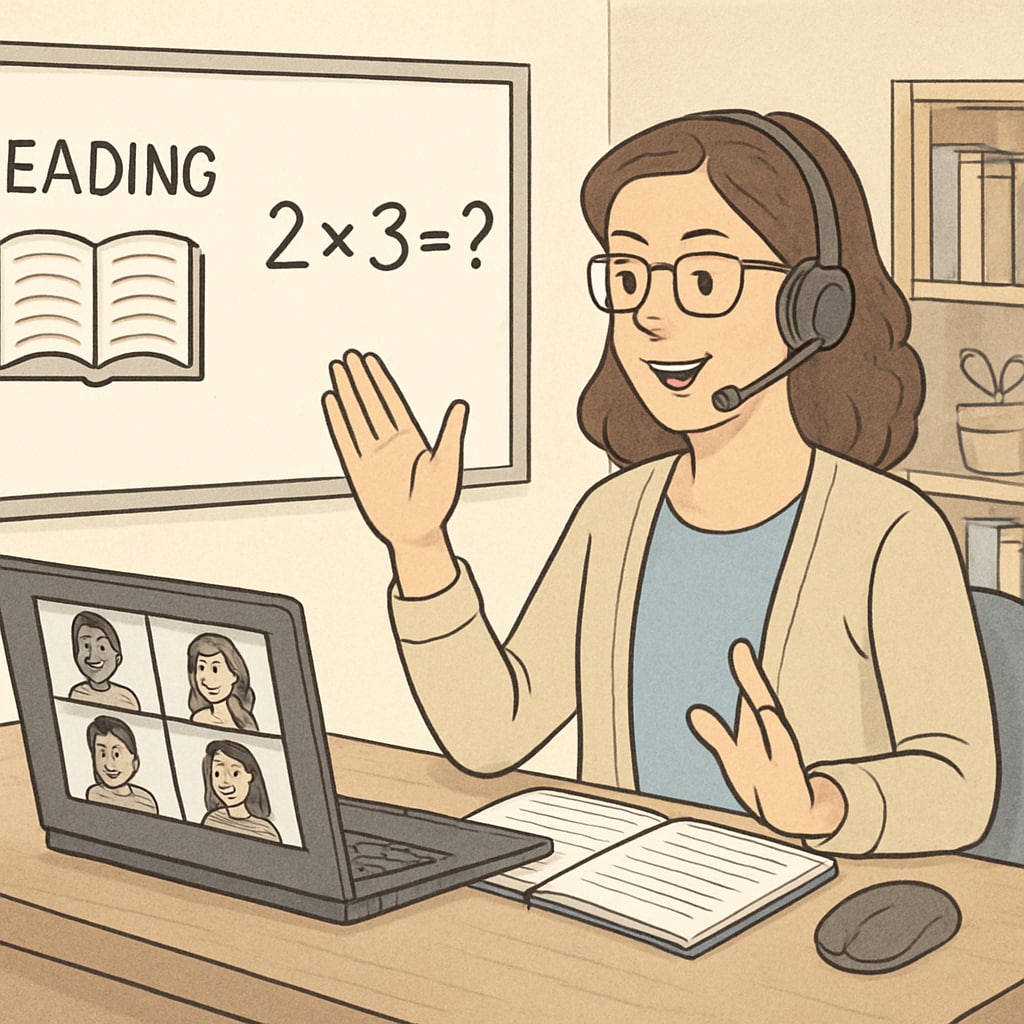 A teacher delivering a virtual lesson to students, illustrating the interactivity of online learning.