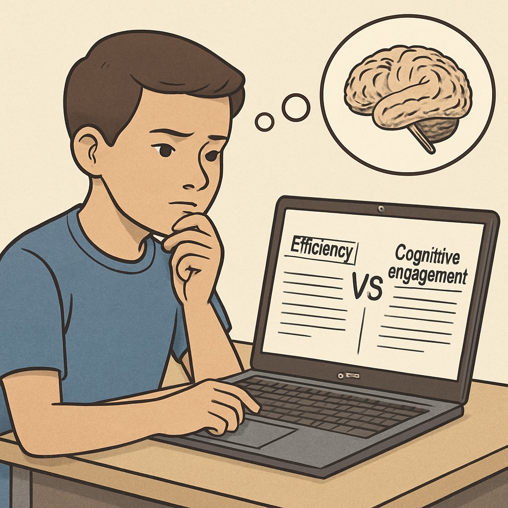 A student analyzing information on a Chromebook, representing critical thinking in education.