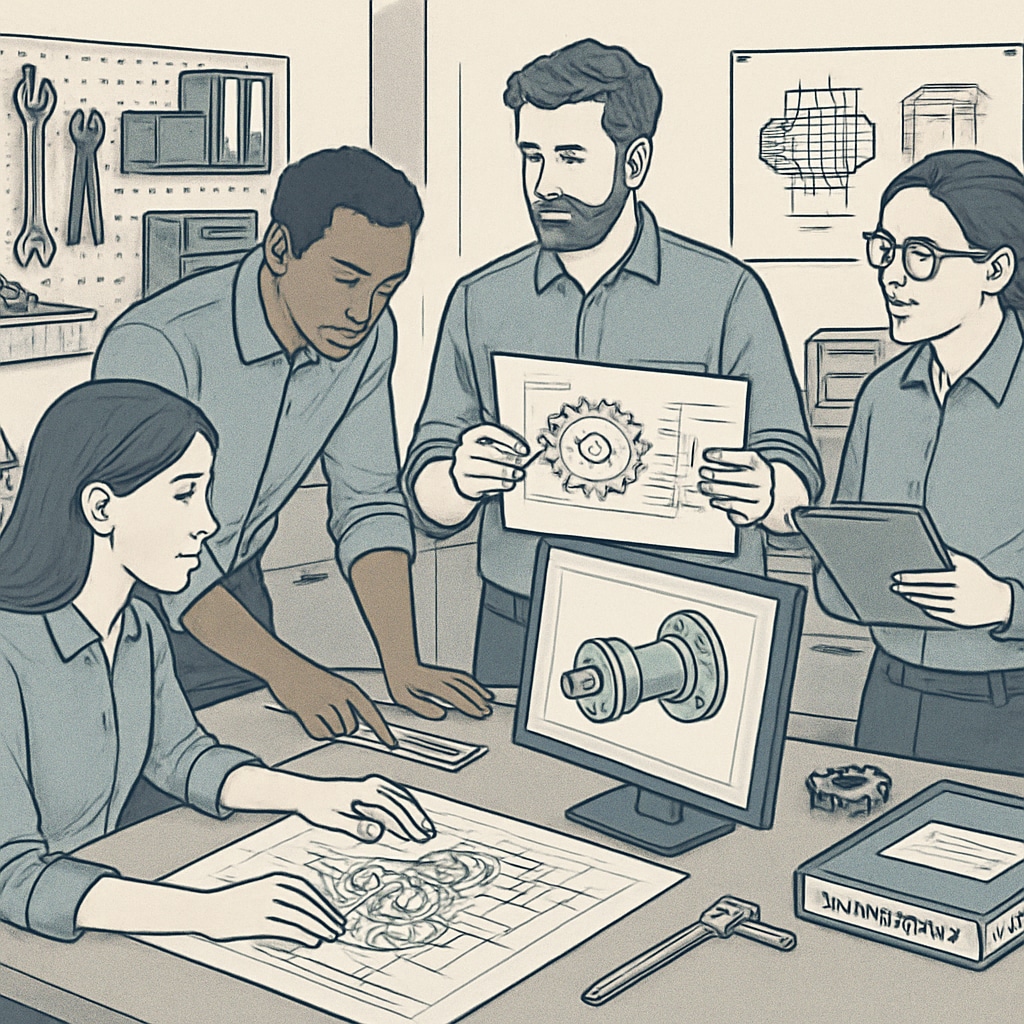 Professionals in a design engineering office working on product development.
