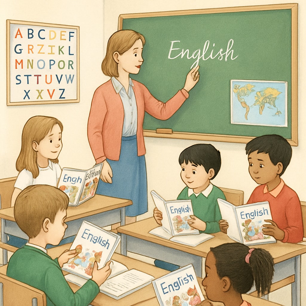 Students in a vintage classroom setting with primary language textbooks.