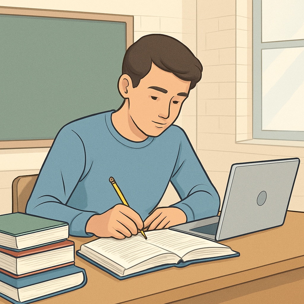 High school student preparing for future U.S. master's programs with academic materials.