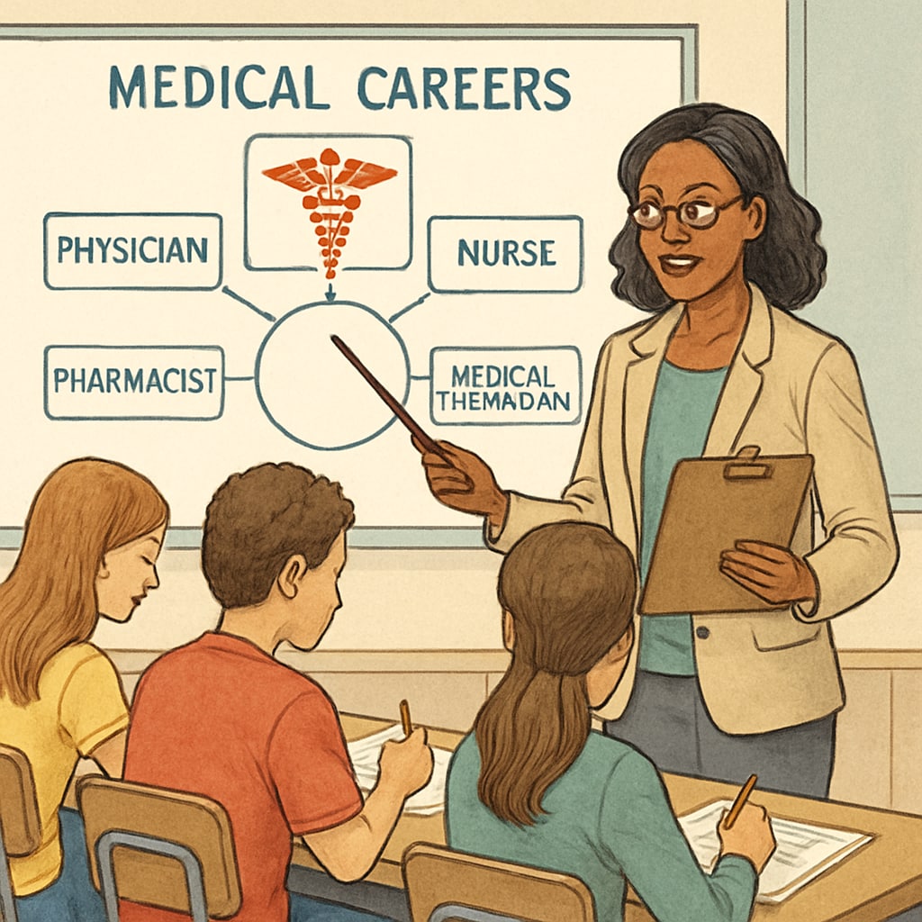 Career counselor discussing medical career planning with students.