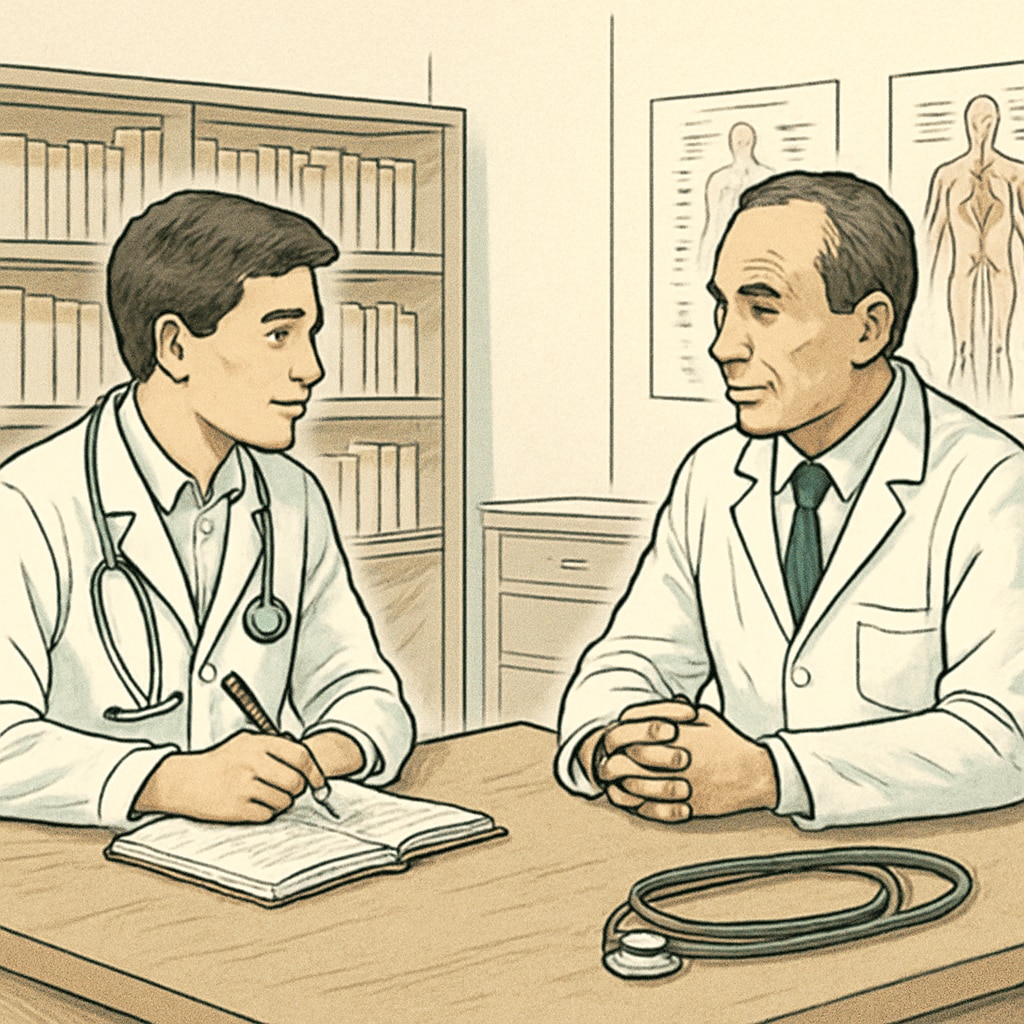 Doctor sharing insights with a student during an interview.