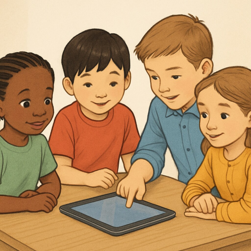 A diverse group of kindergarten and fourth-grade students working together on a tablet, fostering collaboration through technology. A group of kindergarten and fourth-grade buddies working on a tablet as part of a computer activity.