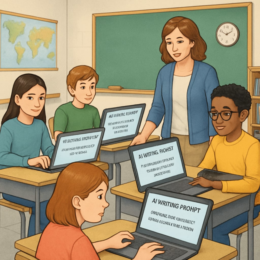 High school students working on AI writing prompts in a classroom.
