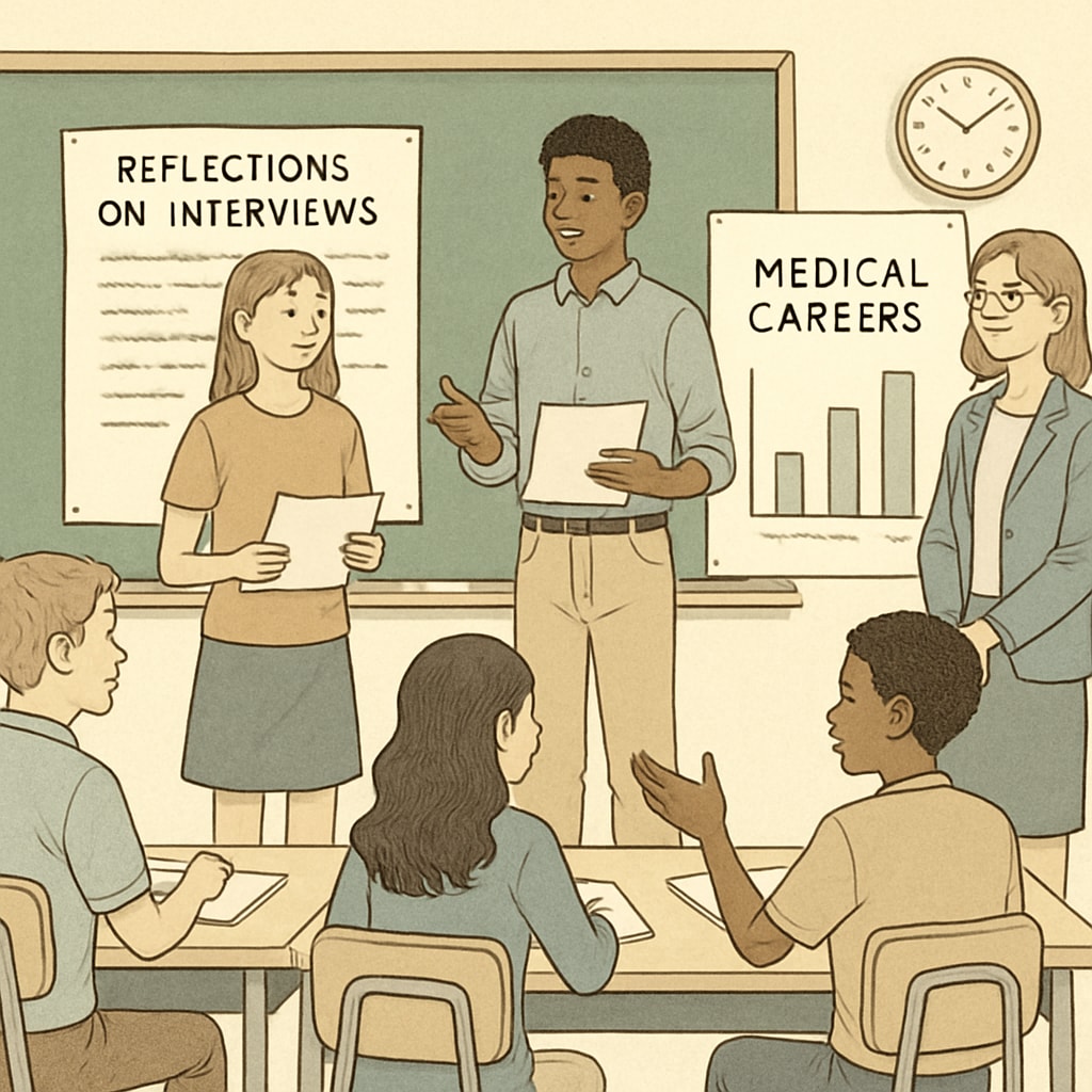Students presenting their findings from medical career interviews in a school project.