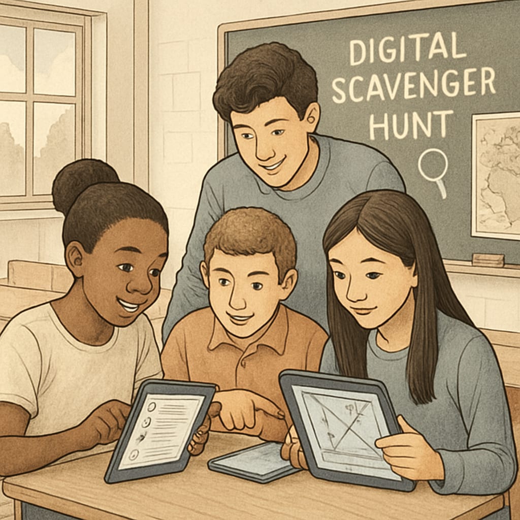 Students engaging in a digital scavenger hunt using tablets, showcasing teamwork and exploration. Older and younger students participating in a digital scavenger hunt on tablets.