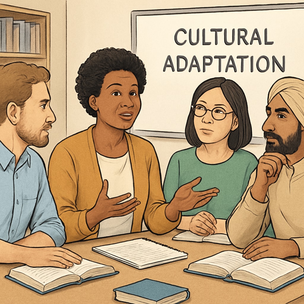 Adult learners discussing cultural adaptation in a classroom setting.